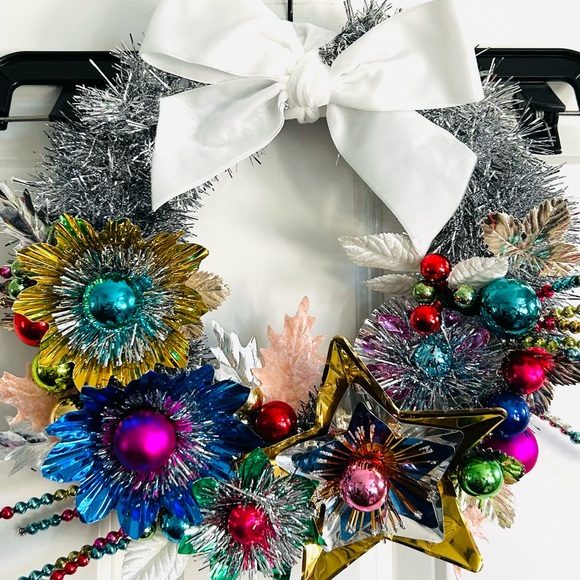 Vintage Repurposed Festive Silver Tinsel and Multicolor Holiday Wreath - Picture 2 of 7